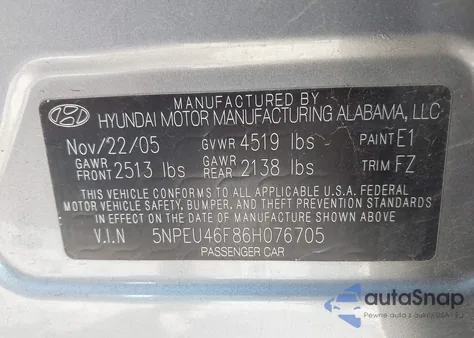2006 Hyundai Sonata Gls/Lx z USA, uszkodzony, nr VIN 5NPEU46F86H076705